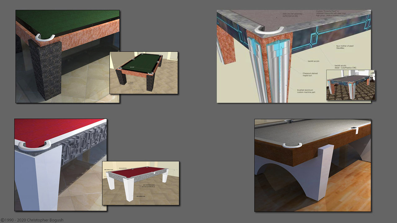 Pool table designs and computer renderings by Christopher Bogush. West Hollywood, California 2008.