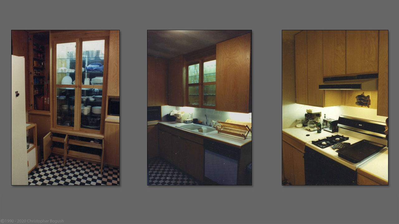 Designed and built by Christopher Bogush. Birch plywood and Formica Kitchen.  Athens, Ohio 1990.
