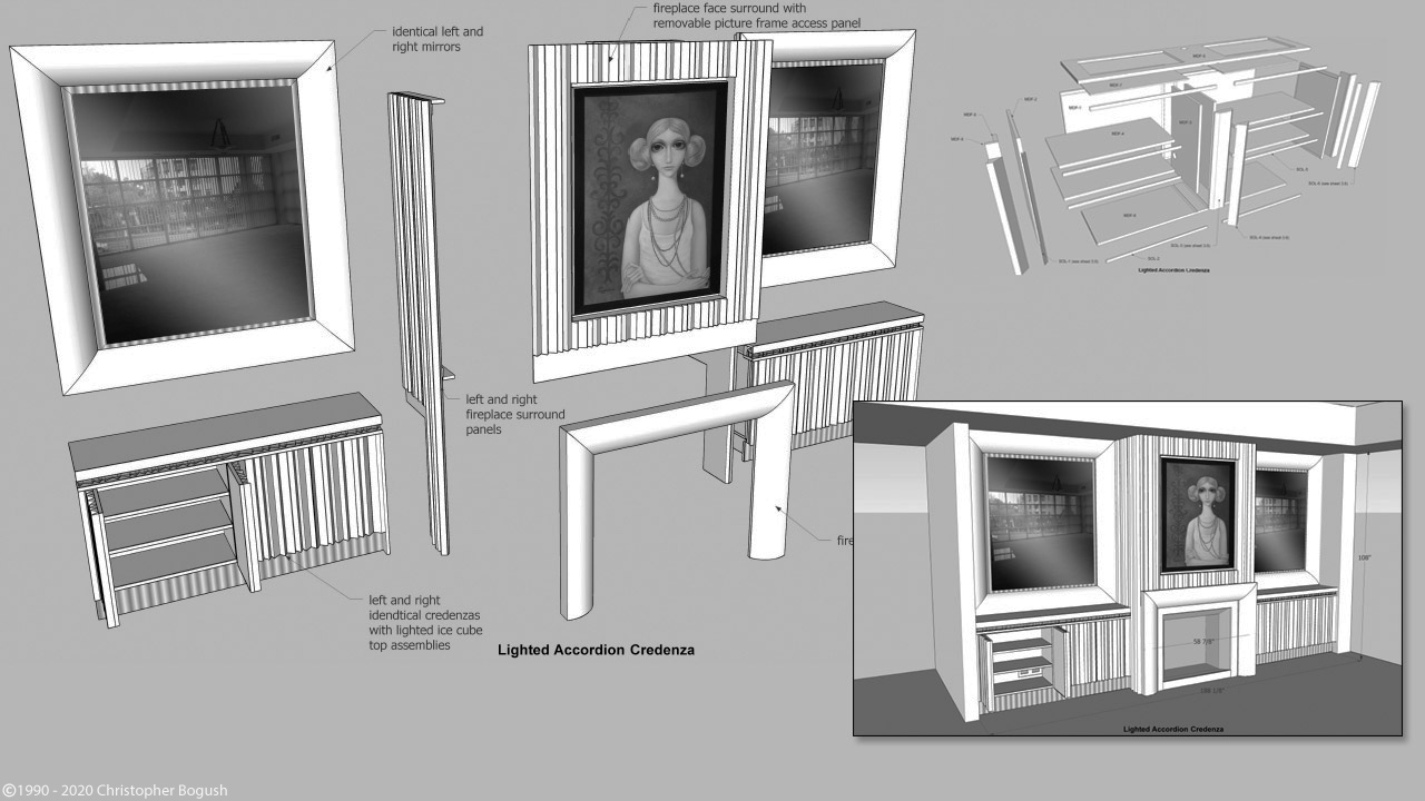 Design Interpreted as Fireplace Treatment - 2007 design by Jamie Adler, Diane Russell. Built by Phyllis Morris Originals. Drawn by Christopher Bogush.