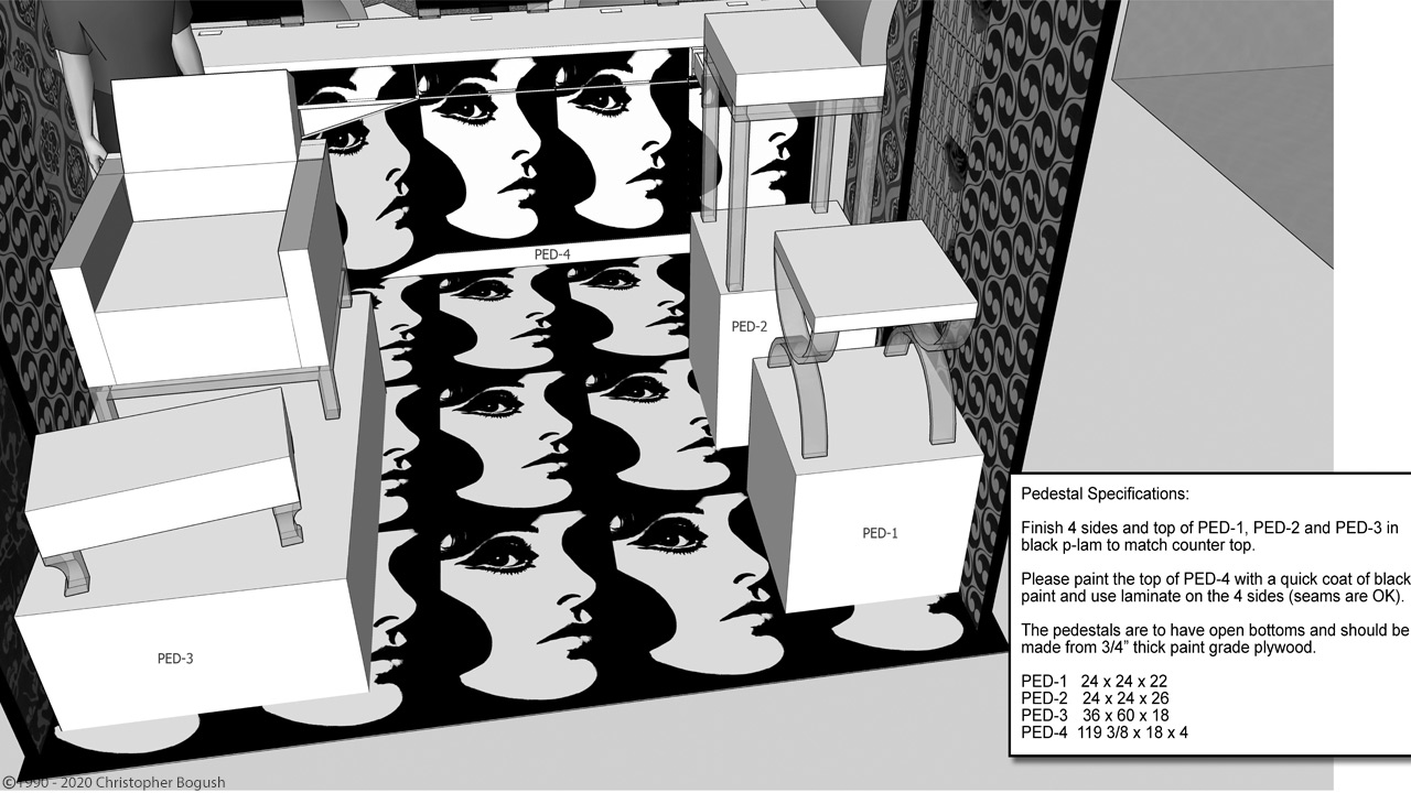 Display Pedestal Measurements - 2008 design by Jamie Adler and Greg Firlotte. Built by Phyllis Morris Originals. Drawn by Christopher Bogush.