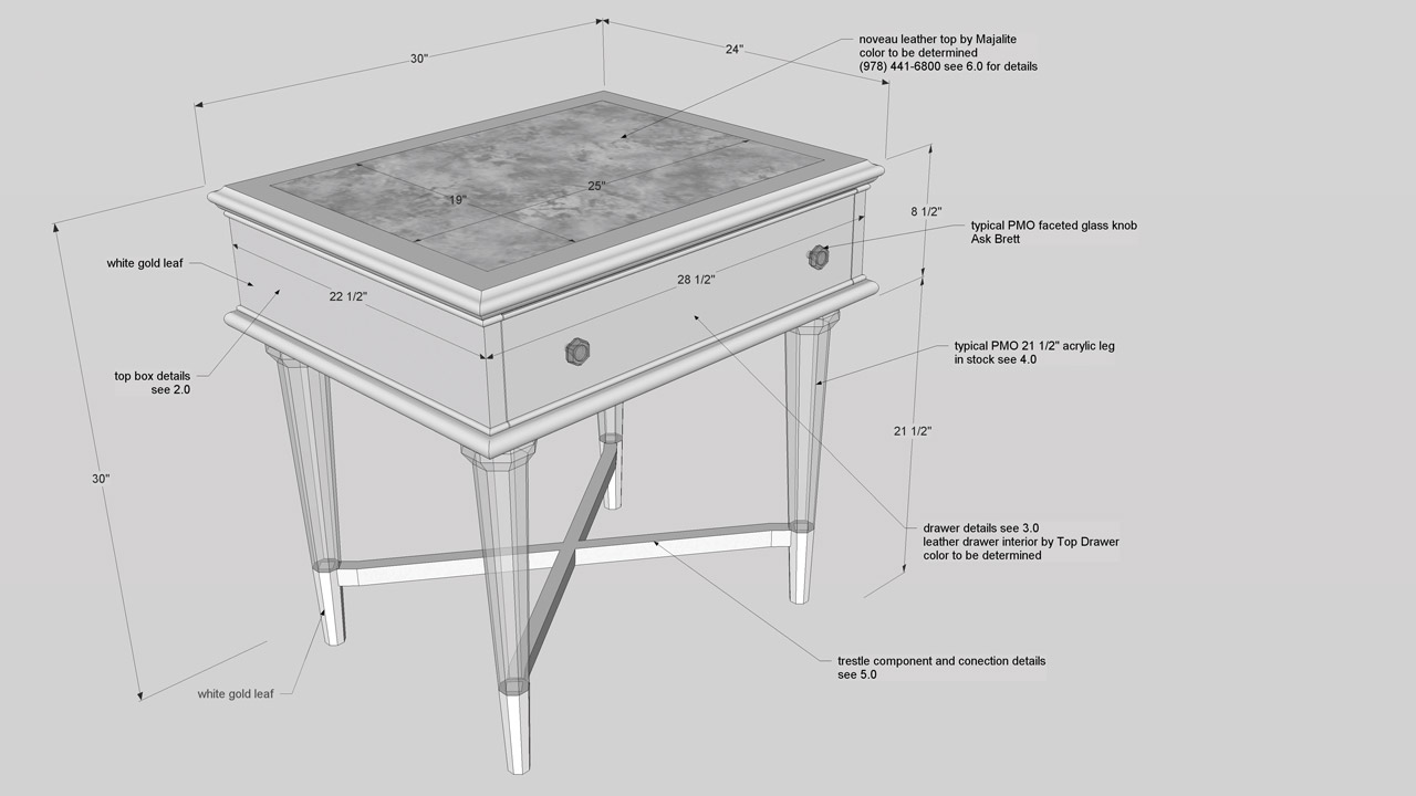 Dimensions and Parts Spec - 2007 design by Jamie Adler, Diane Russell. Built by Phyllis Morris Originals. Drawing by Christopher Bogush.