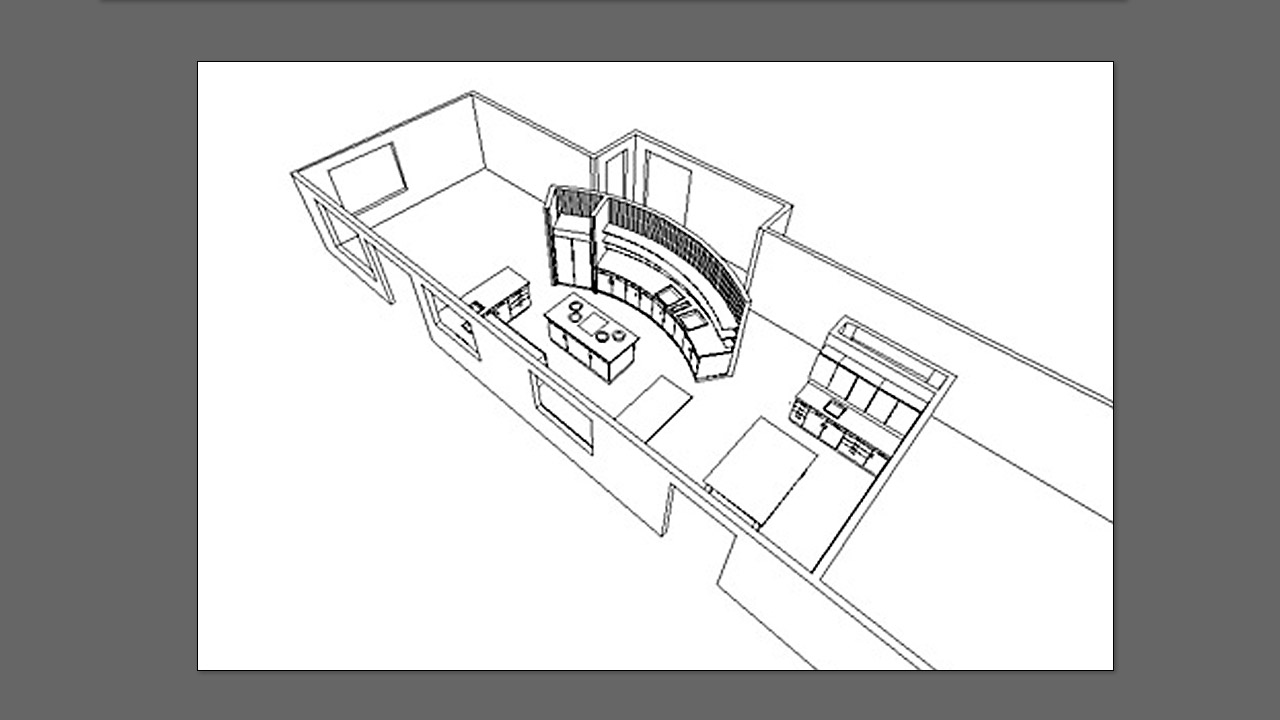 Option 3 - Kitchen Bridges Living and Dining Areas - 1998 design and wire-frame 3D model by Christopher Bogush.