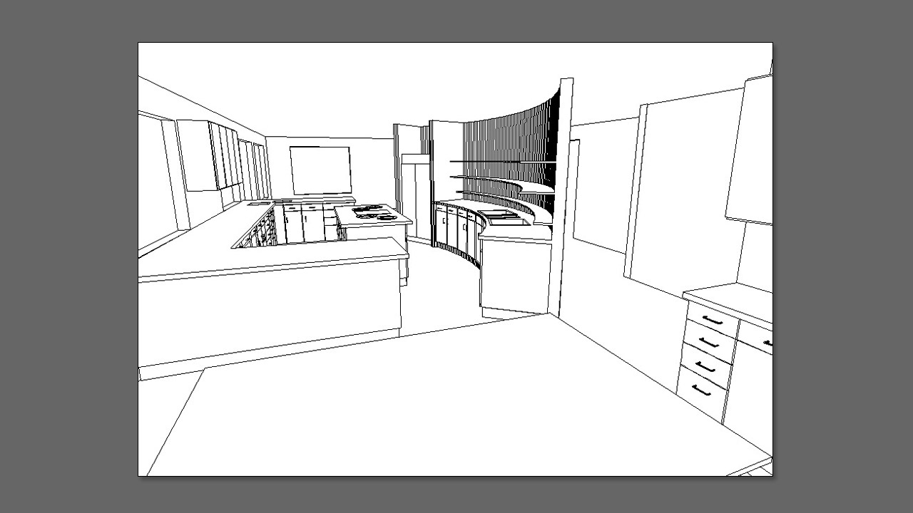 Option 3 - Kitchen is Central to the Living Space - 1998 design and wire-frame 3D model by Christopher Bogush.