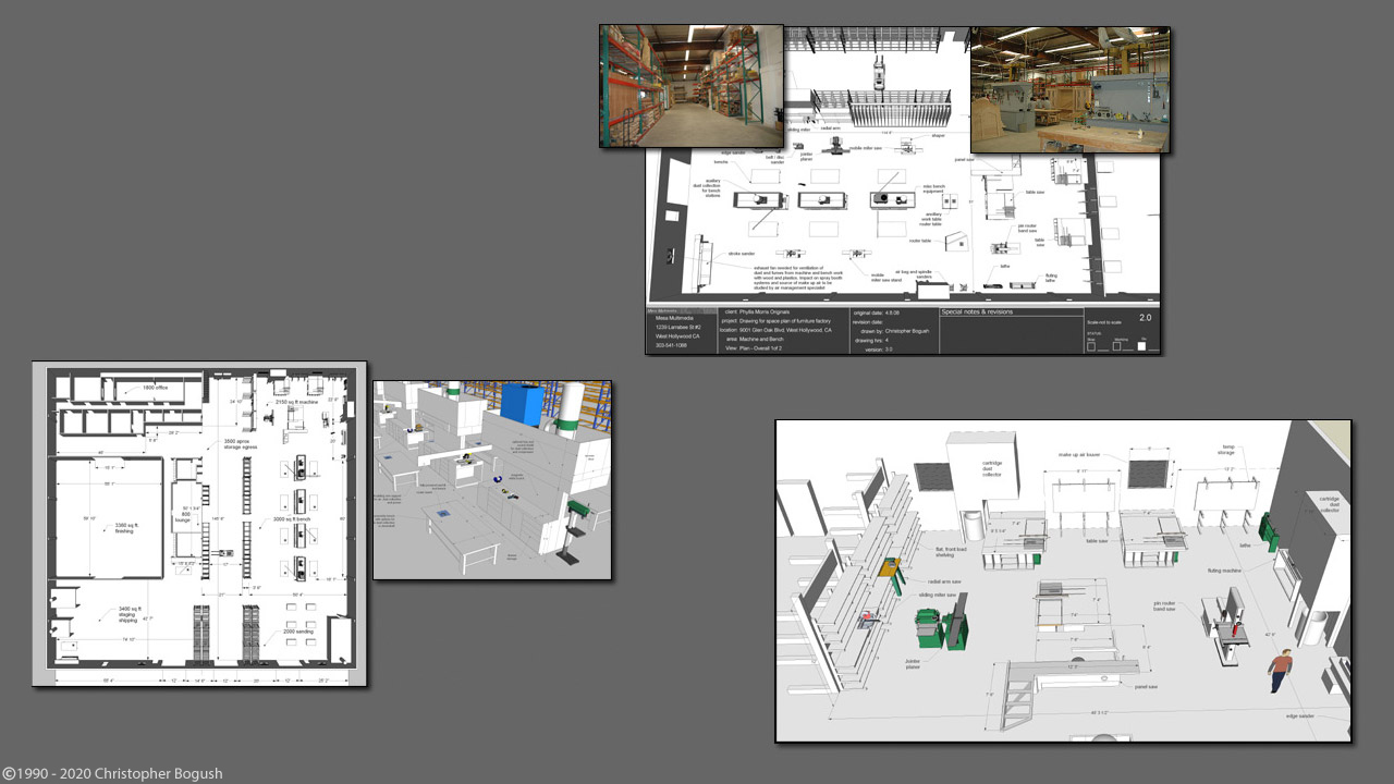 Work Space Layout, Egress, Environmental Safety and Storage. - 2008 Design by Christopher Bogush and Brett Shirvonne, Built by Phyllis Morris Originals and others. 3D modeling by Christopher Bogush.