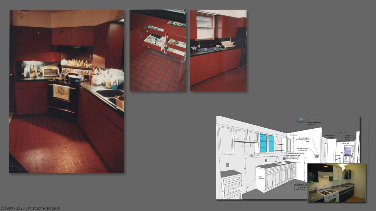 Ensuring Work Surfaces Between Stove and Sink - 1988 & 2008 design and built by Christopher Bogush and crew.